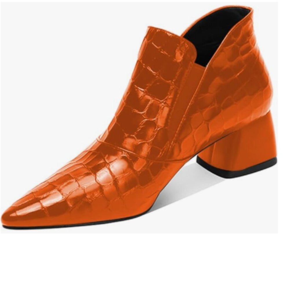 YDN Orange Sexy Pointed Toe Ankle Boots Chunky Low Heel Pull on Elastic Shoe